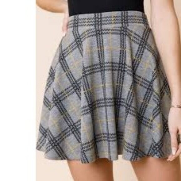 Women's Gray Tan PLaid Flippy Circle Mini Skirt Academia - Picture 1 of 8